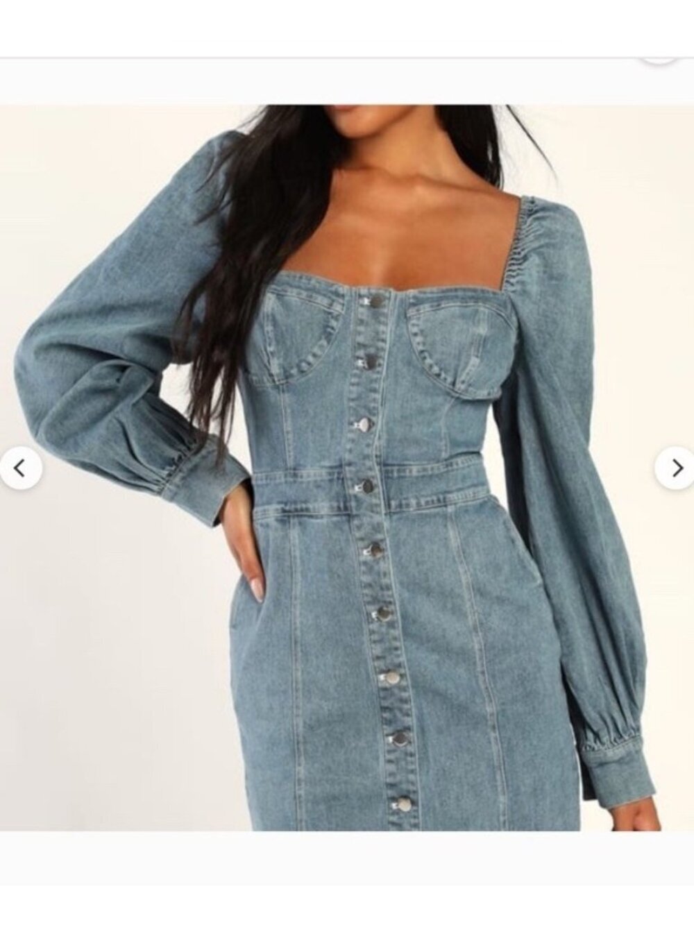 Emory Park Trending Sweet Blue Denim Balloon Sleeve Mini Dress with Pockets Smal